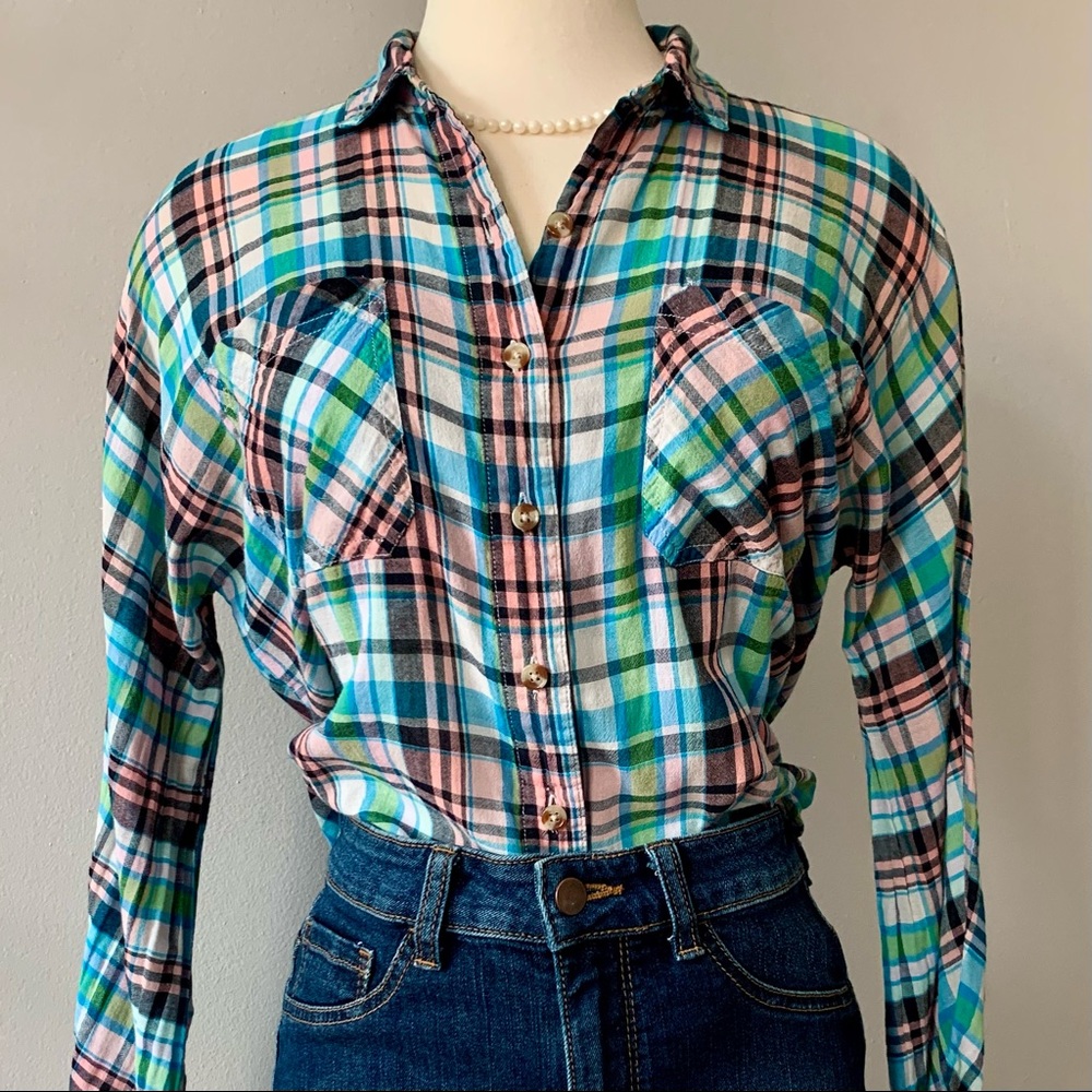 UO BDG Preppy Woven Button-Up Lightweight Shirt Blue Green Plaid Size S